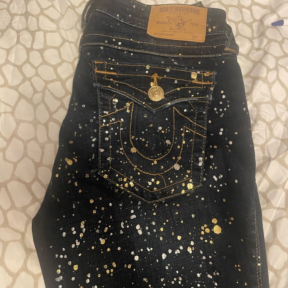 True Religion Black and Gold Artistic Splatter Jeans